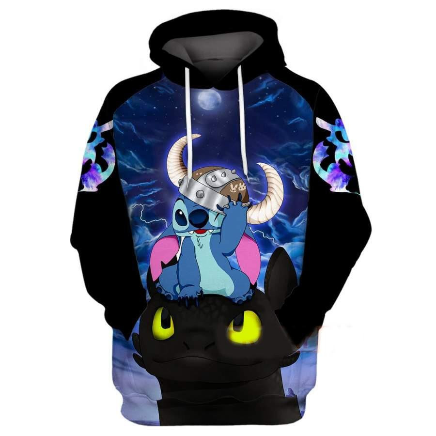 Cartoon Characters Fan Gift, Stitch And Toothless How To Train Your Dragon All Over Print Hoodie
