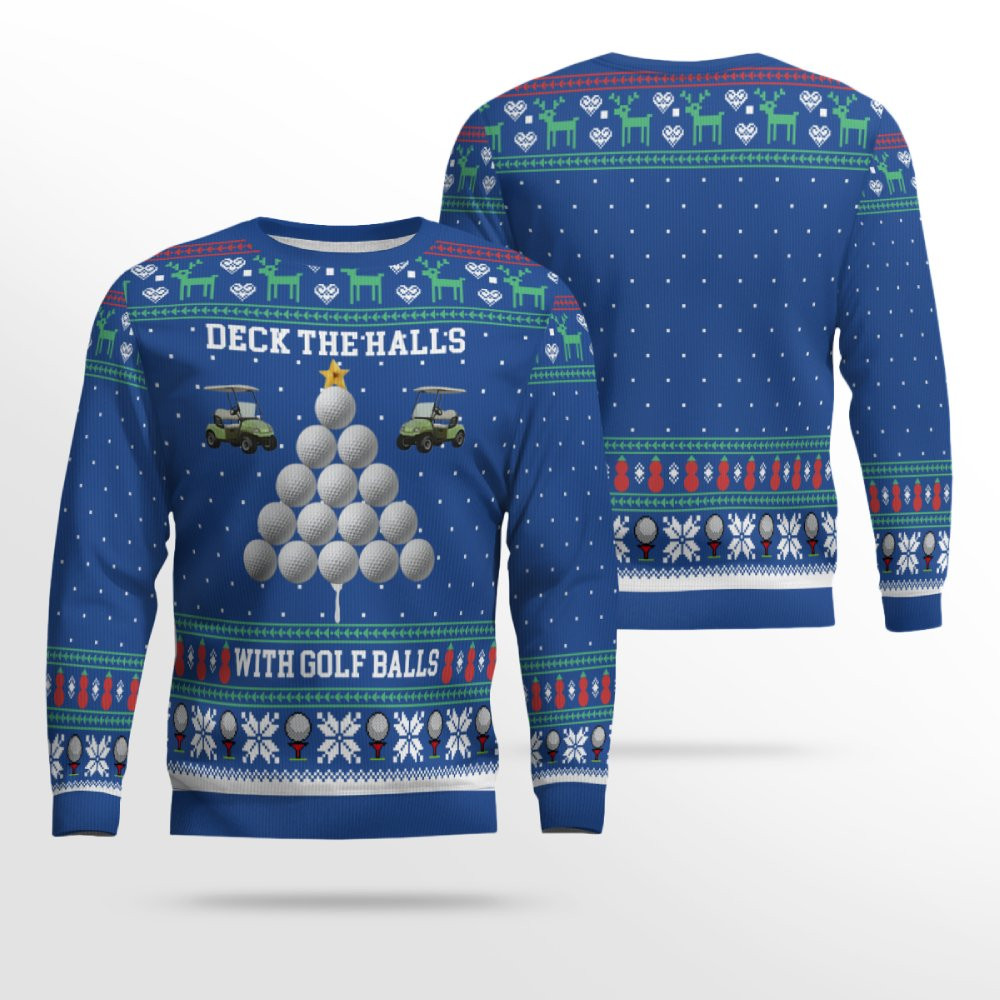 2025 Christmas Deck the Halls with Golf Balls Ugly Sweater Blue