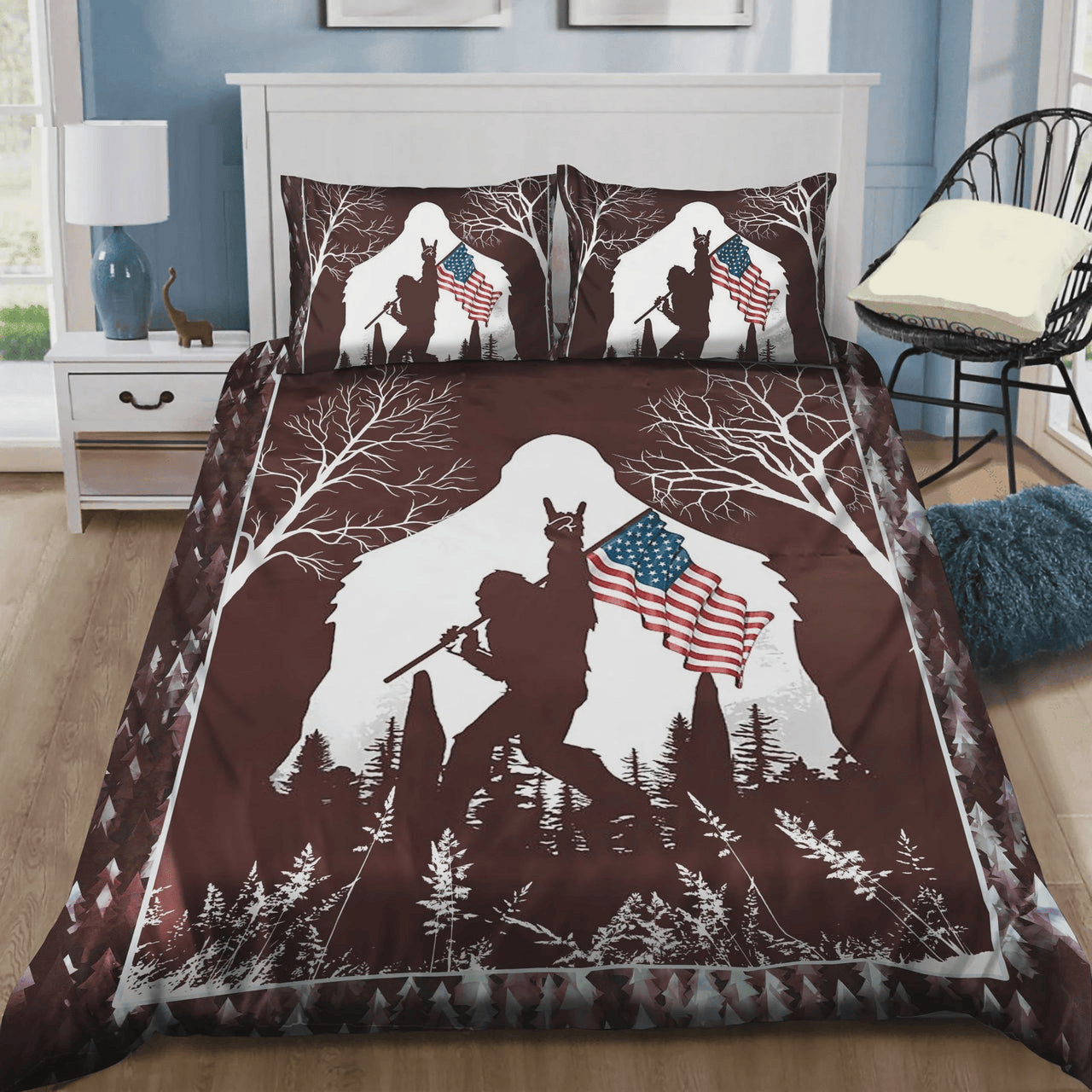 Bigfoot Bedding Set Bigfoot Rock And Roll Usa Flag In The Forest Duvet Covers