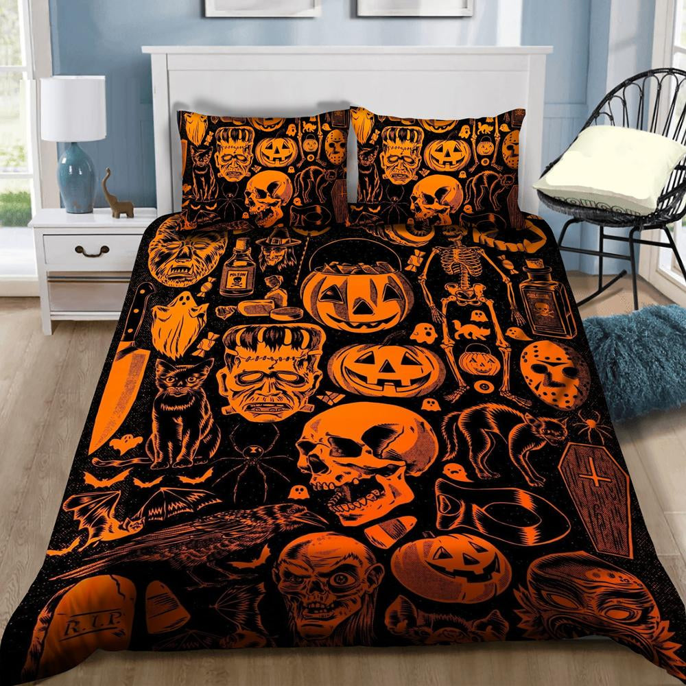 Halloween Bedding Set Frankenstein Ghost Skull Pattern Duvet Covers Orange
