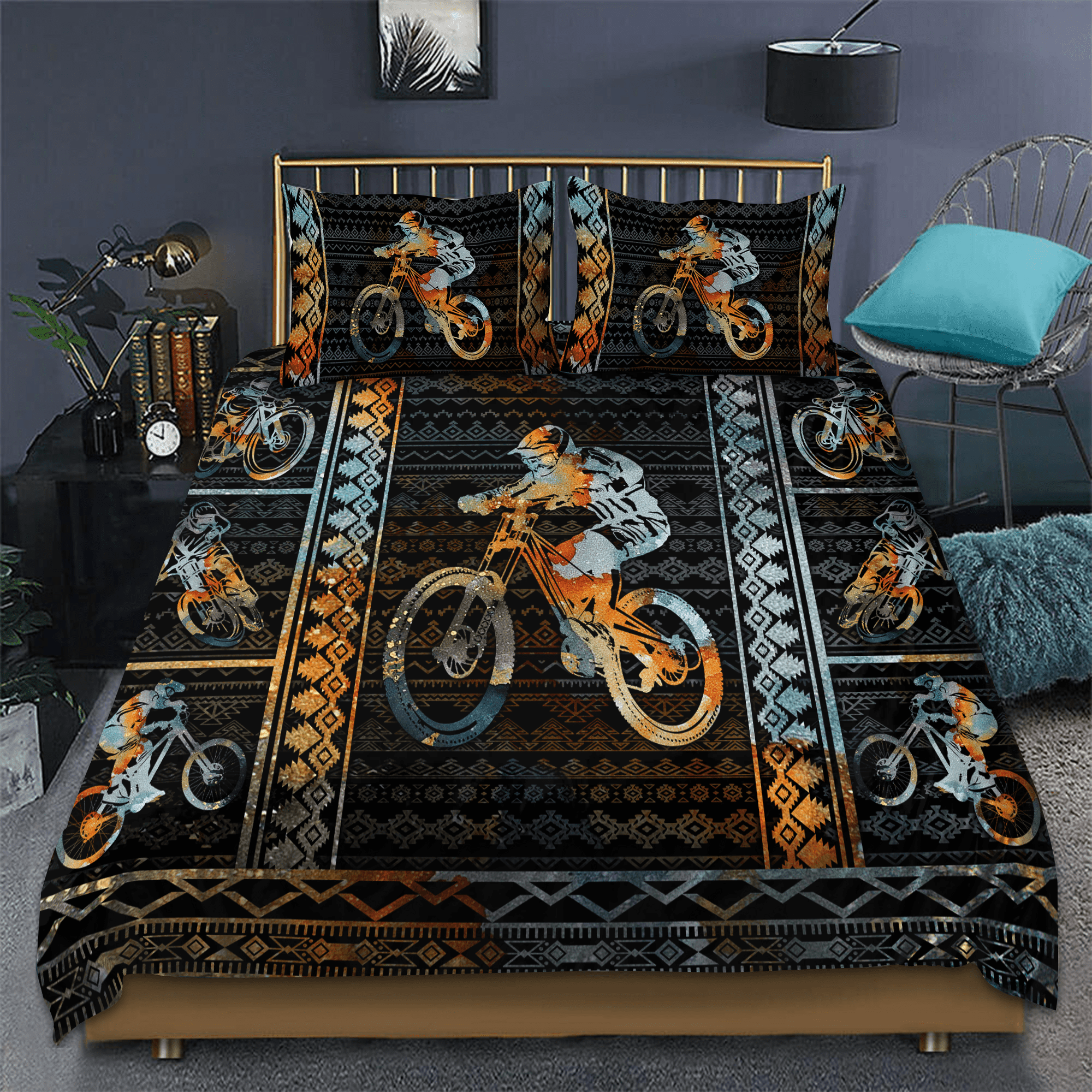 Bicycle Bedding Set Mountain Biking Tribal Pattern Duvet Covers Black