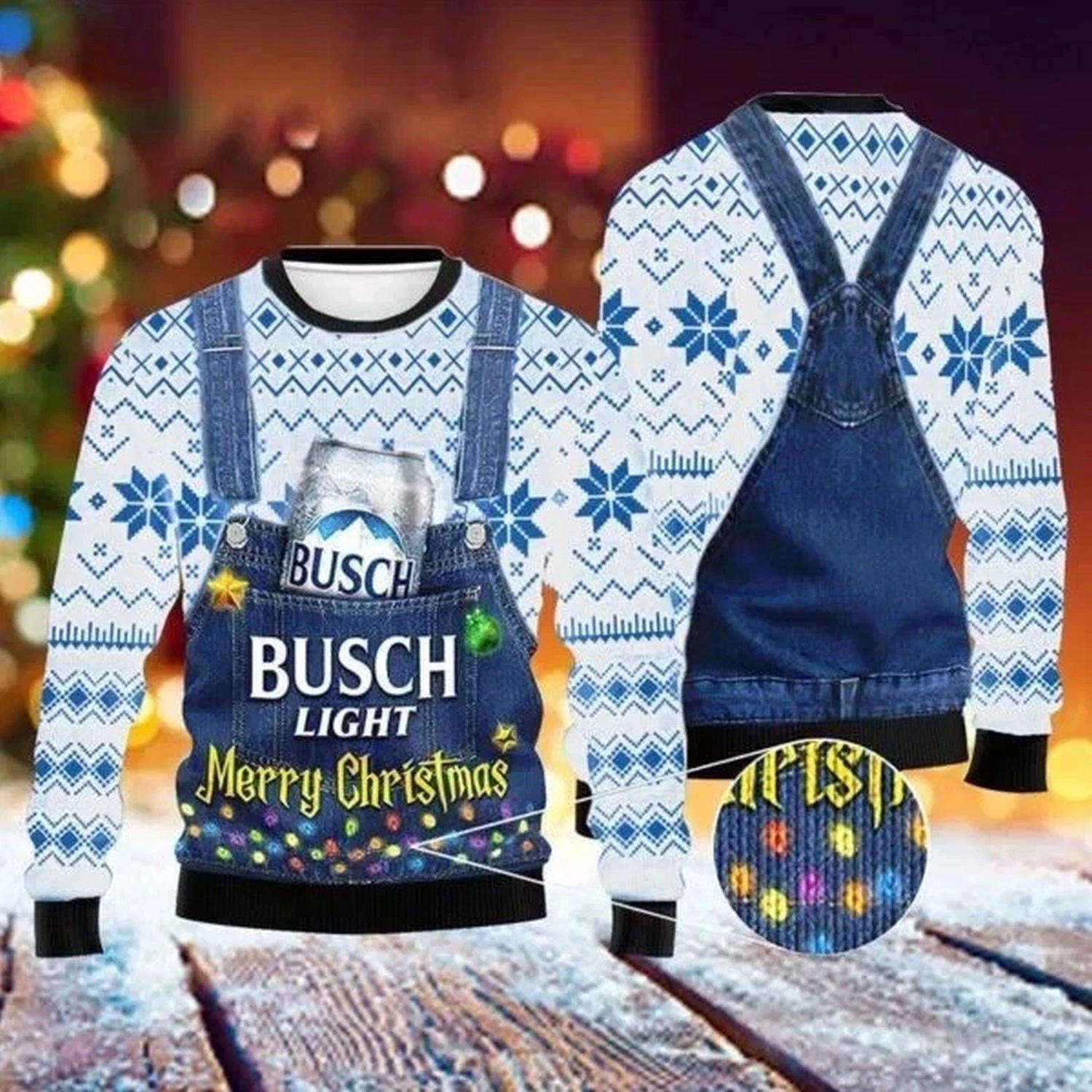 Busch Light Dungaree Overalls White Ugly Christmas Sweater