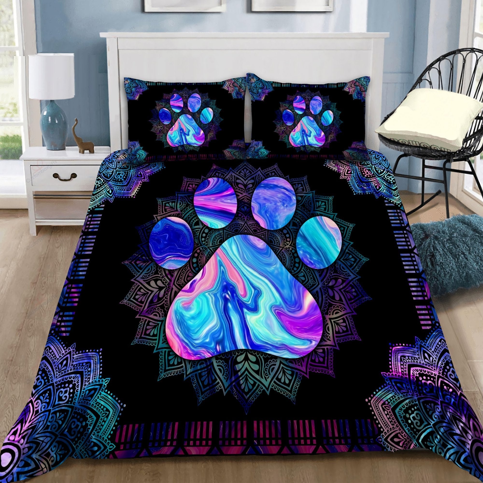Dog Bedding Set Dog Pawprint Mandala Style Duvet Covers Black