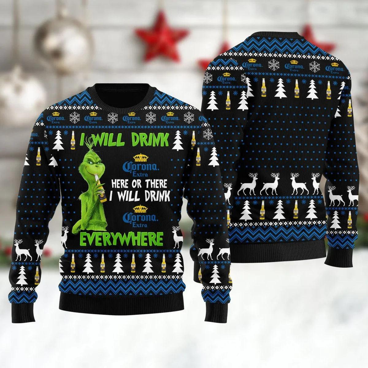 Corona Extra Grinch Will Drink Everywhere Ugly Christmas Sweater