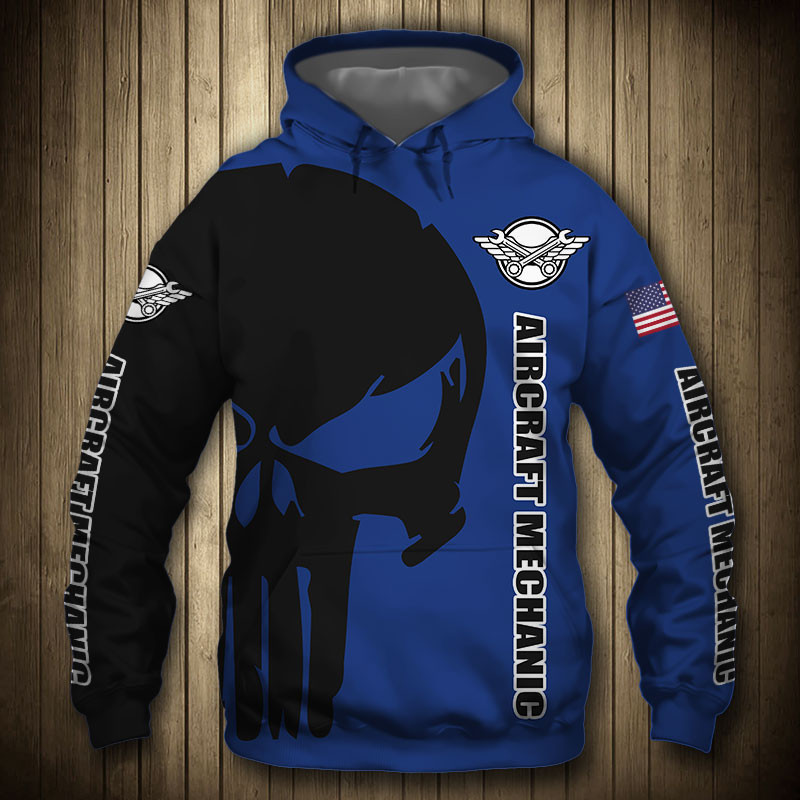 Aircraft Mechanic Punisher Skull US Flag Black Blue 3D All Over Print Hoodie & Zip Hoodie