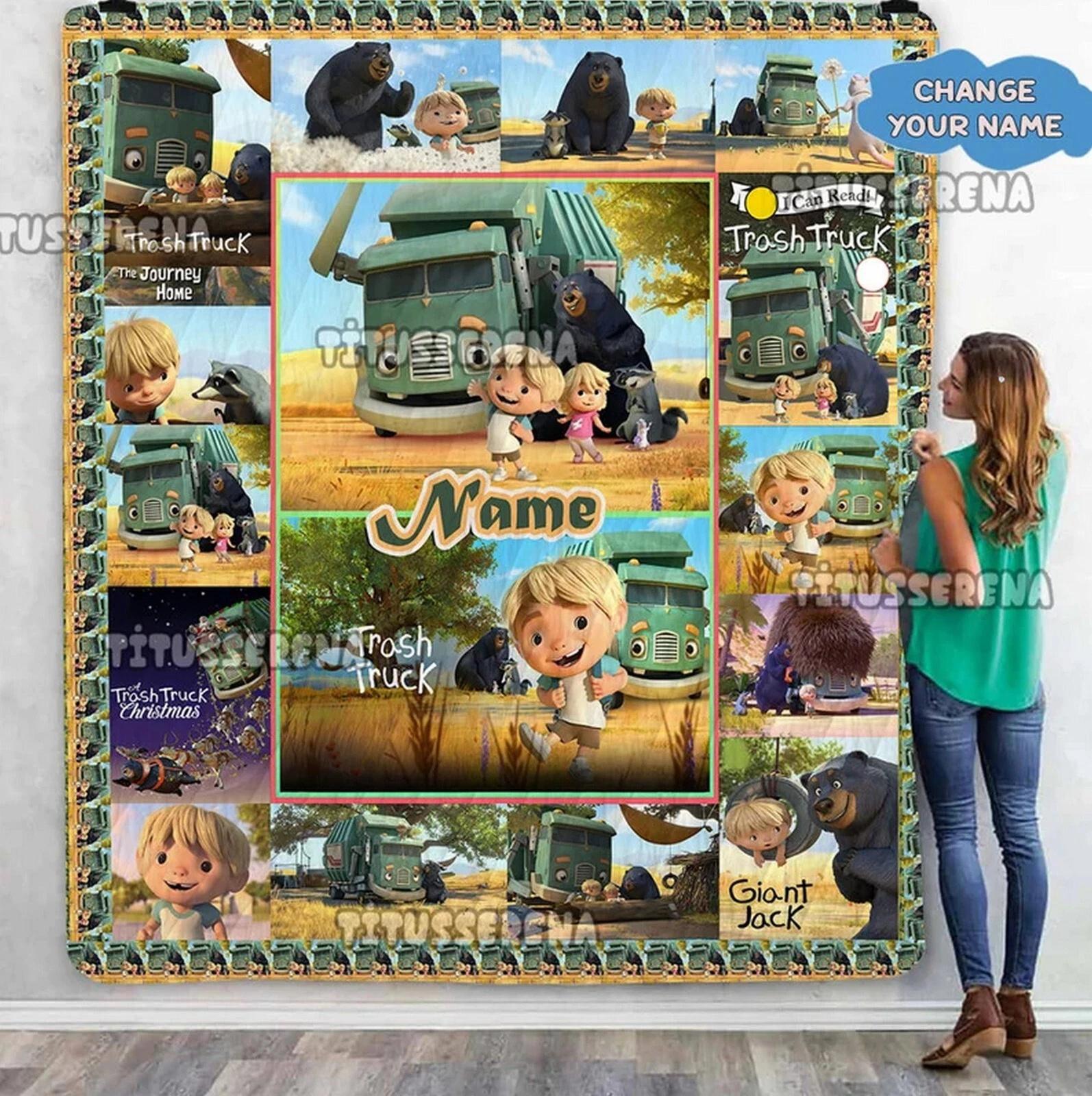 Personalized Trash Truck Quilt Fleece Sherpa Blanket