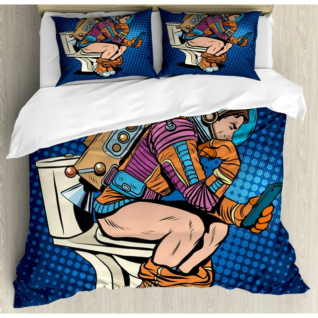 Astronaut Bedding Set Thinking Astronaut Smartphone On Toilet Duvet Covers