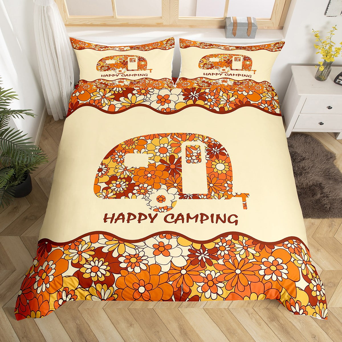 Camping Bedding Set Happy Camping Flowers Pattern Duvet Covers