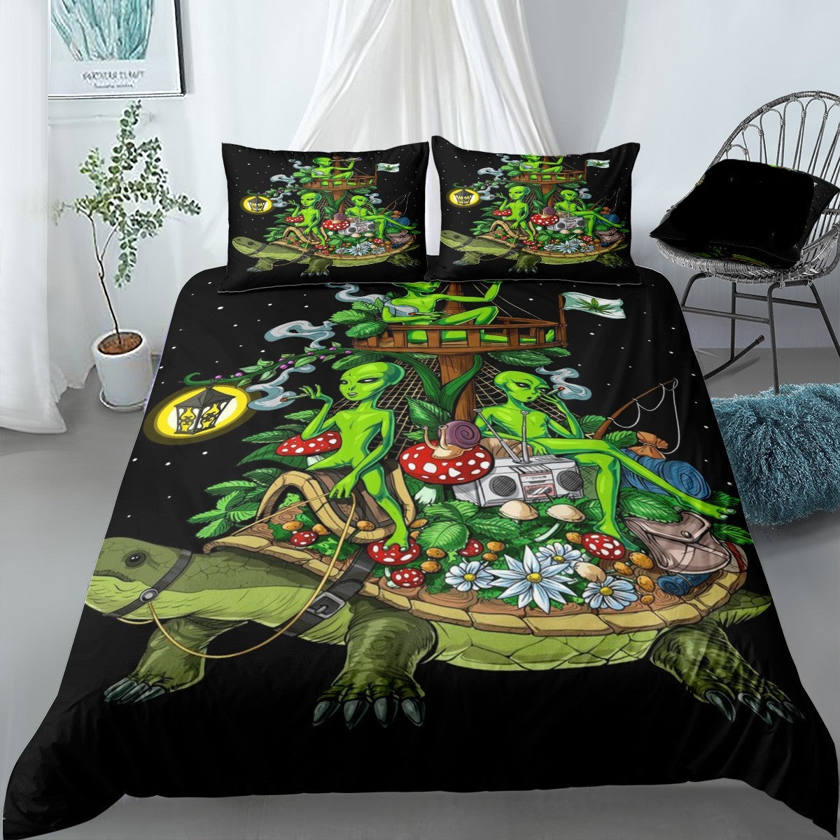 Alien Bedding Set Psychedelic Aliens Riding Turtle Duvet Covers