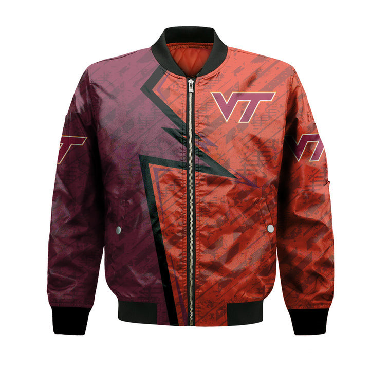 Virginia Tech Hokies Custom Text Number Maroon Orange Bomber Jacket V8