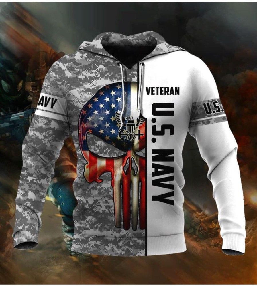 Us Navy Veteran Camorflage American Flag Skull 3D All Over Print Hoodie & Zip Hoodie