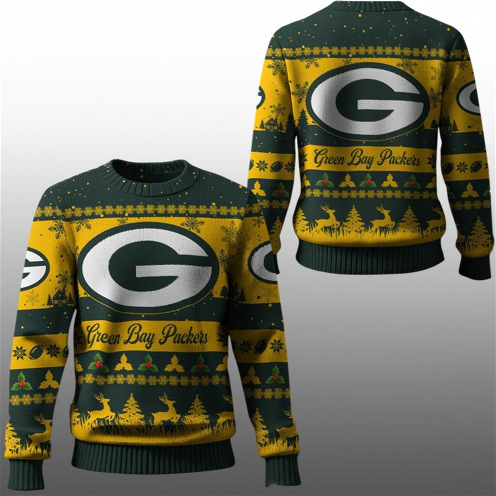 2025 Christmas GB Packers Festive Reindeer Tree Ugly Sweater