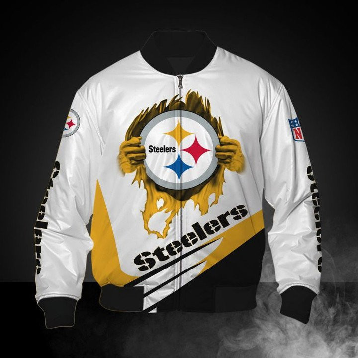 Pittsburgh Steelers White Golden Logo Bomber Jacket