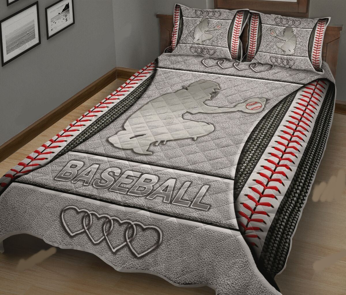 Baseball Bedding Set Baseball Catcher Silhouette Heart Pattern Duvet Covers