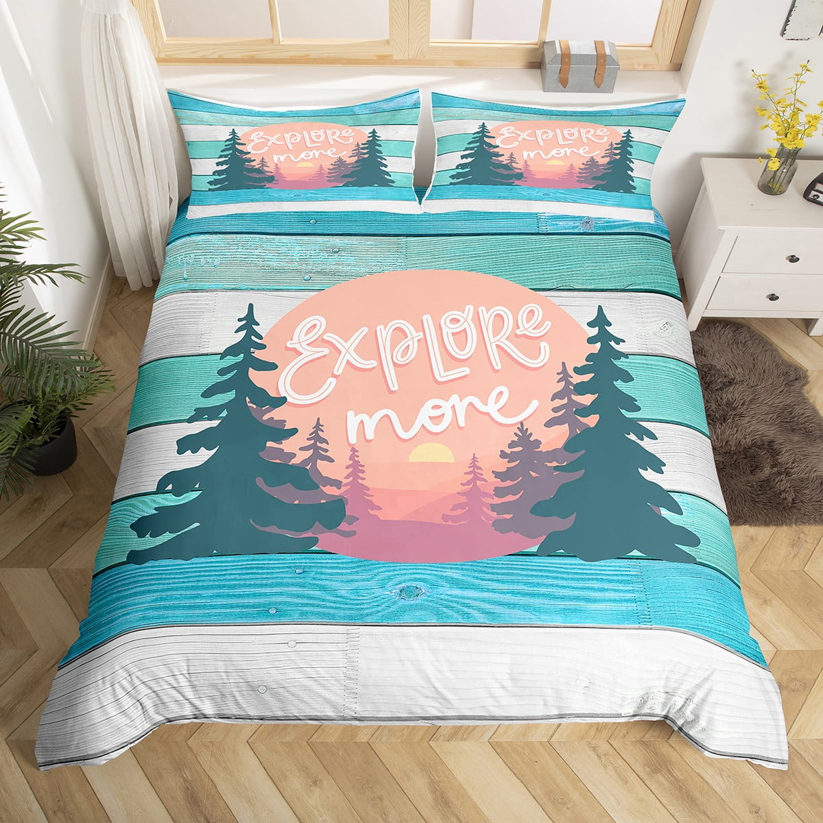Camping Bedding Set Forest Explore More Wood Pattern Duvet Covers Blue