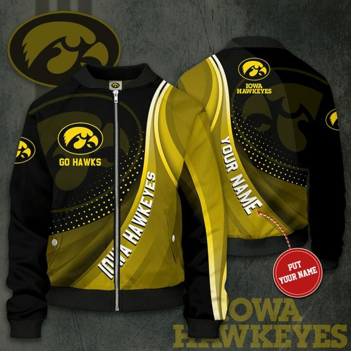 Iowa Hawkeyes Custom Name Gold Black Bomber Jacket V10