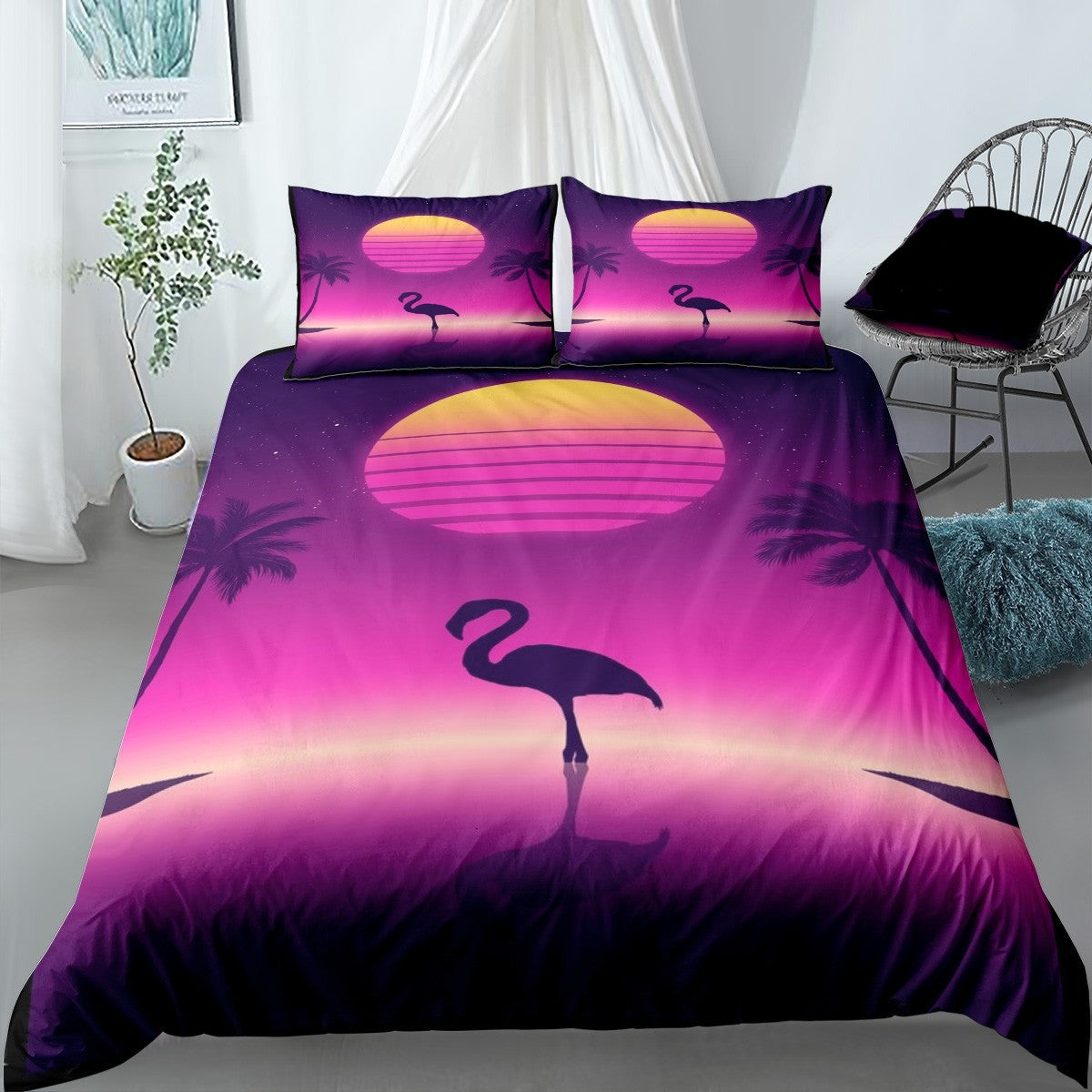 Flamingo Bedding Set Retro Style Sunset Flamingo Duvet Covers