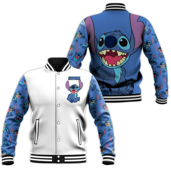 Stitch Pattern White Blue Disney Unisex Cartoon Graphic Casual Outfits Gift Lover Baseball Jacket 8
