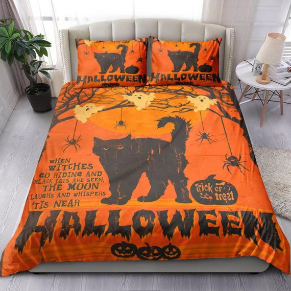 Halloween Bedding Set When Witches Go Riding And Black Cats Are Seen Duvet Covers Orange