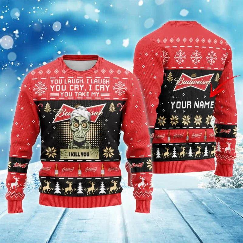 Personalized Budweiser Funny Skeleton Ugly Christmas Sweater