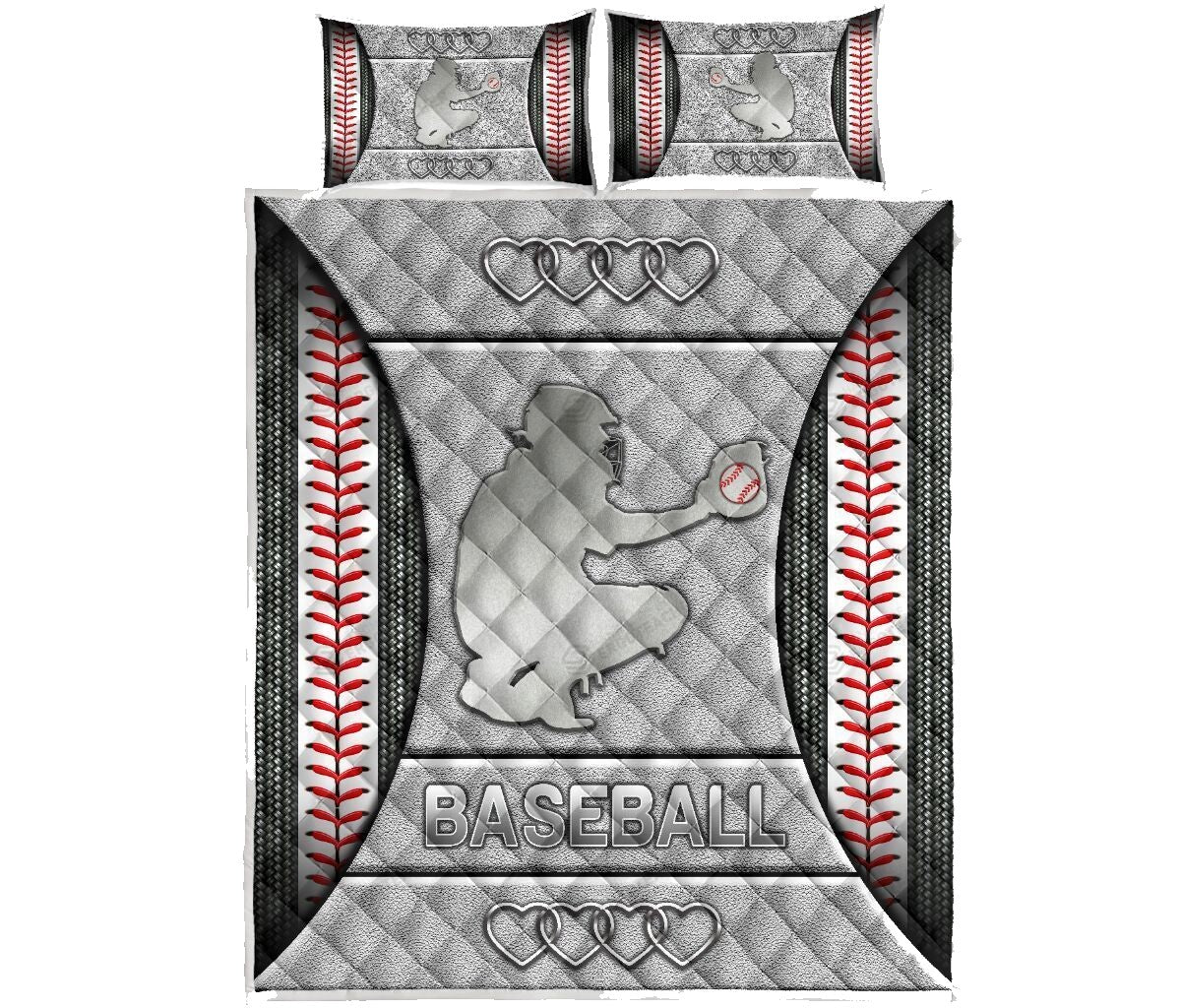 Baseball Bedding Set Baseball Catcher Silhouette Heart Pattern Duvet Covers
