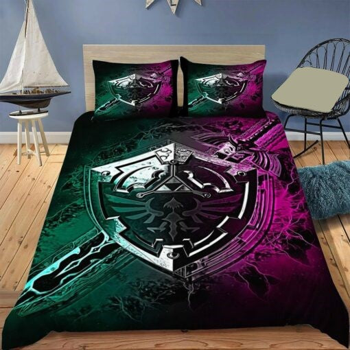 The Legend Of Zelda Bedding Set Shield And Sword Graphic Duvet Covers Green