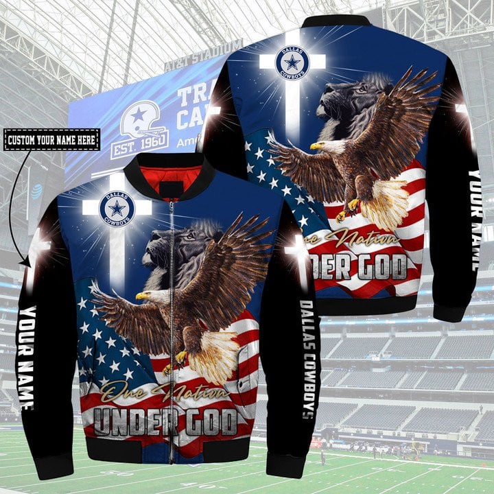 Cowboys Custom Name One Nation Under God Bomber Jacket V7