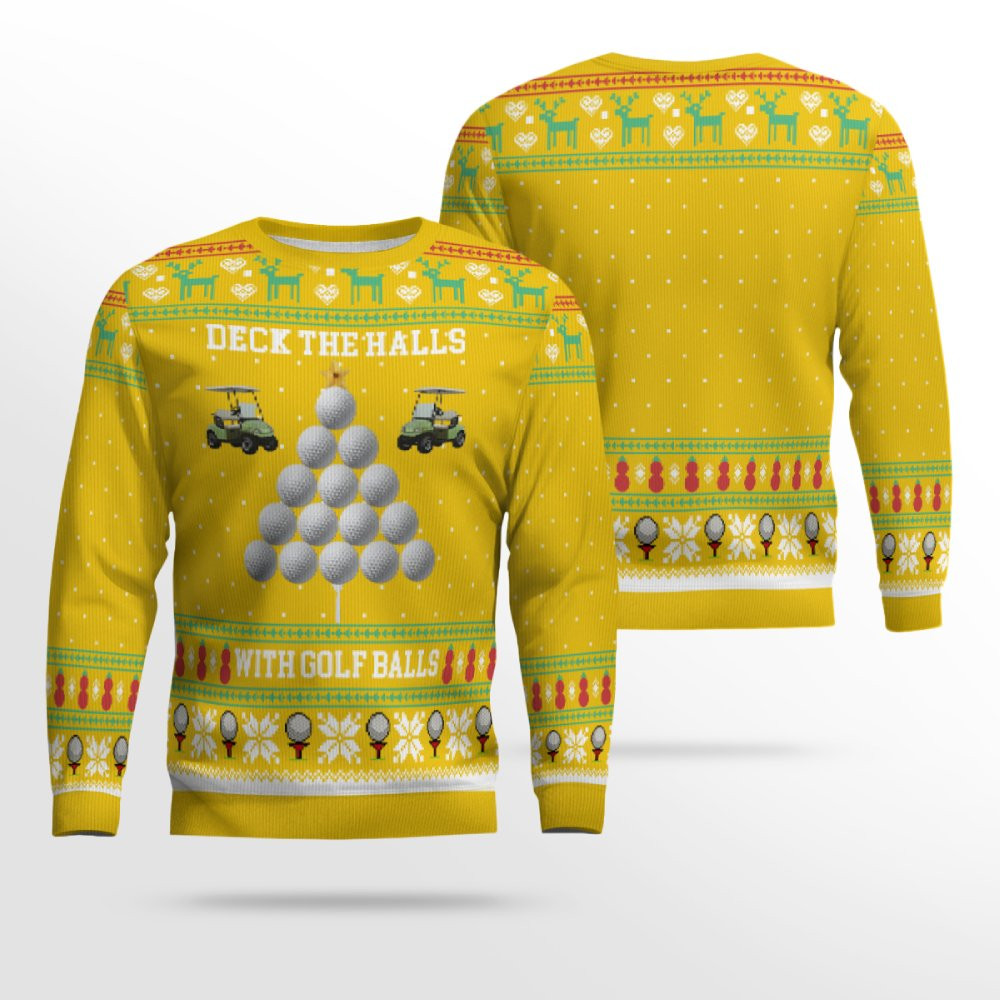 2025 Christmas Deck the Halls with Golf Balls Ugly Sweater Yellow