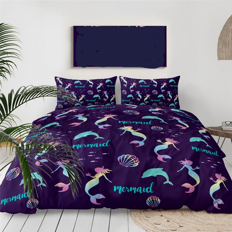 Mermaid Bedding Set Mermaid Dolphin Shell Silhouette Pattern Duvet Covers