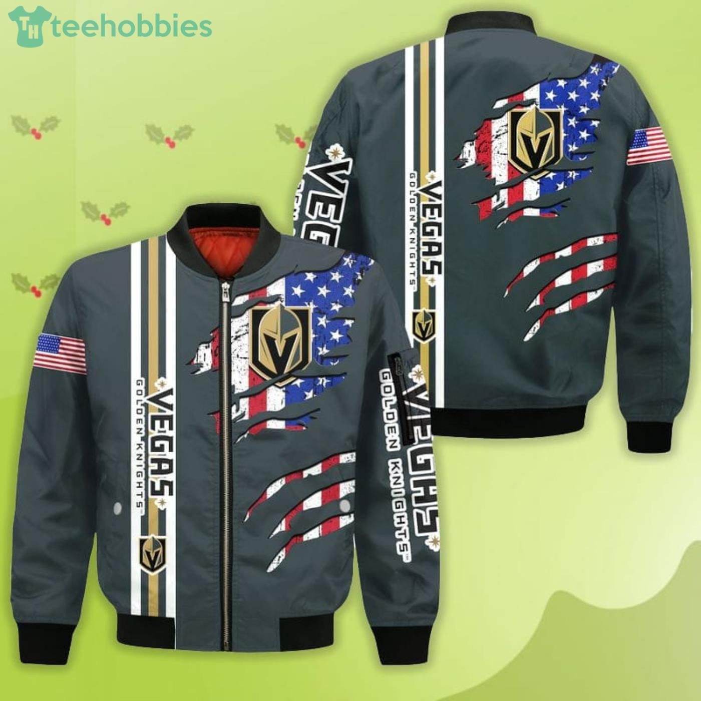 Vegas Golden Knights American Flag Scratch Grey Bomber Jacket