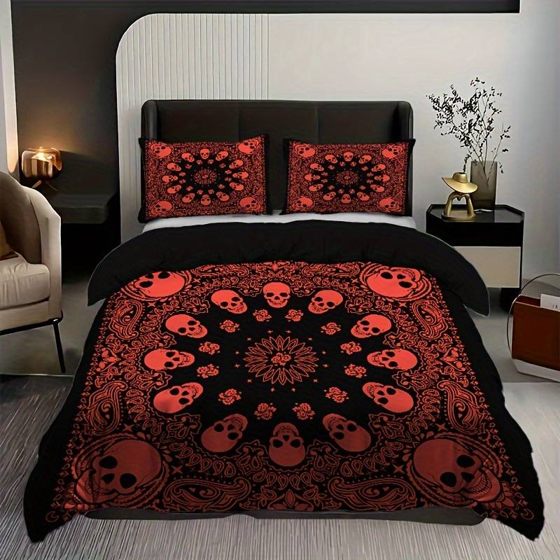Skull Bedding Set Mandala Style Skull Head Pattern Duvet Covers Red