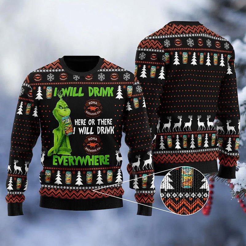 Kona Brewing Grinch Will Drink Everywhere Ugly Christmas Sweater