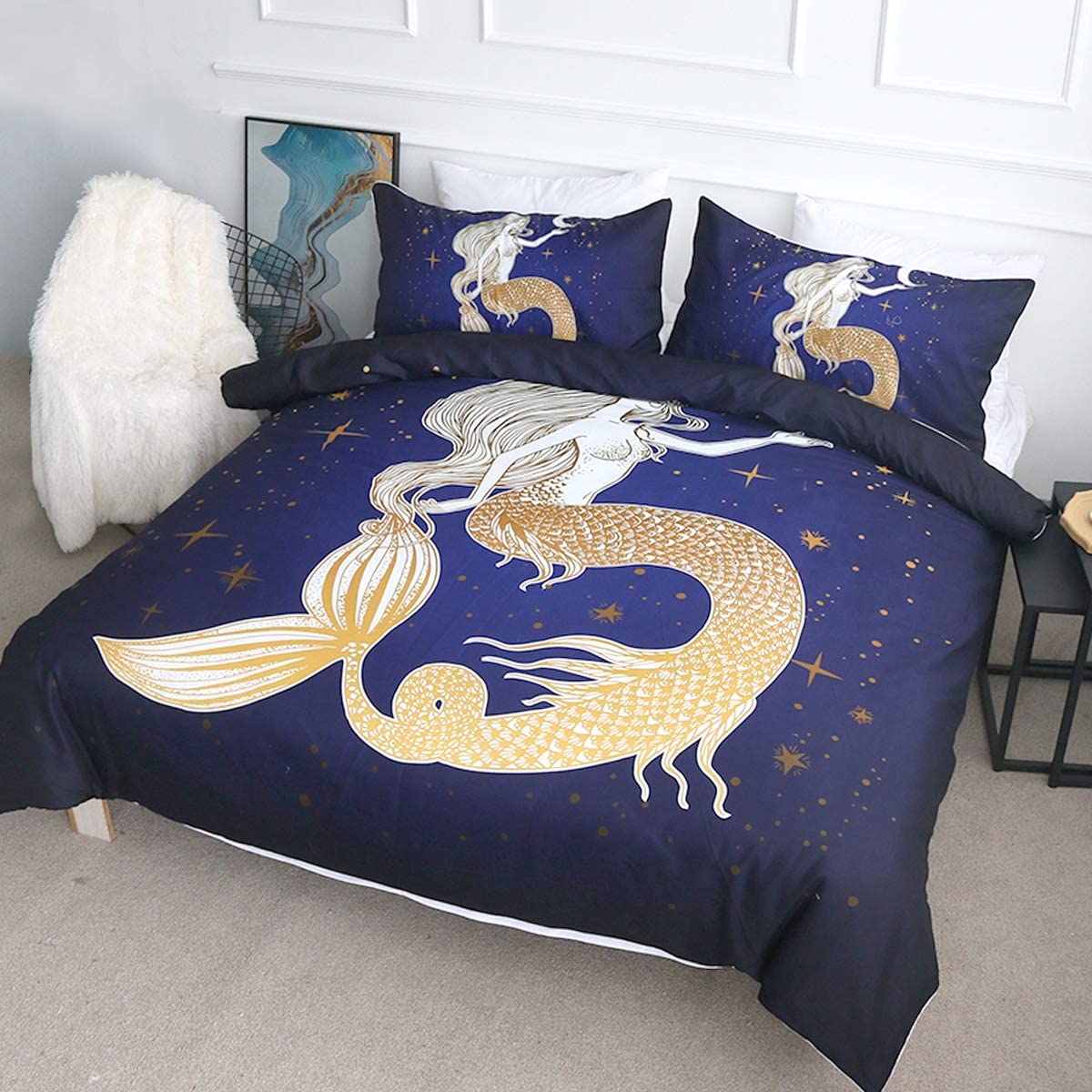 Mermaid Bedding Set Mermaid And The Moon Graphic Duvet Covers Blue