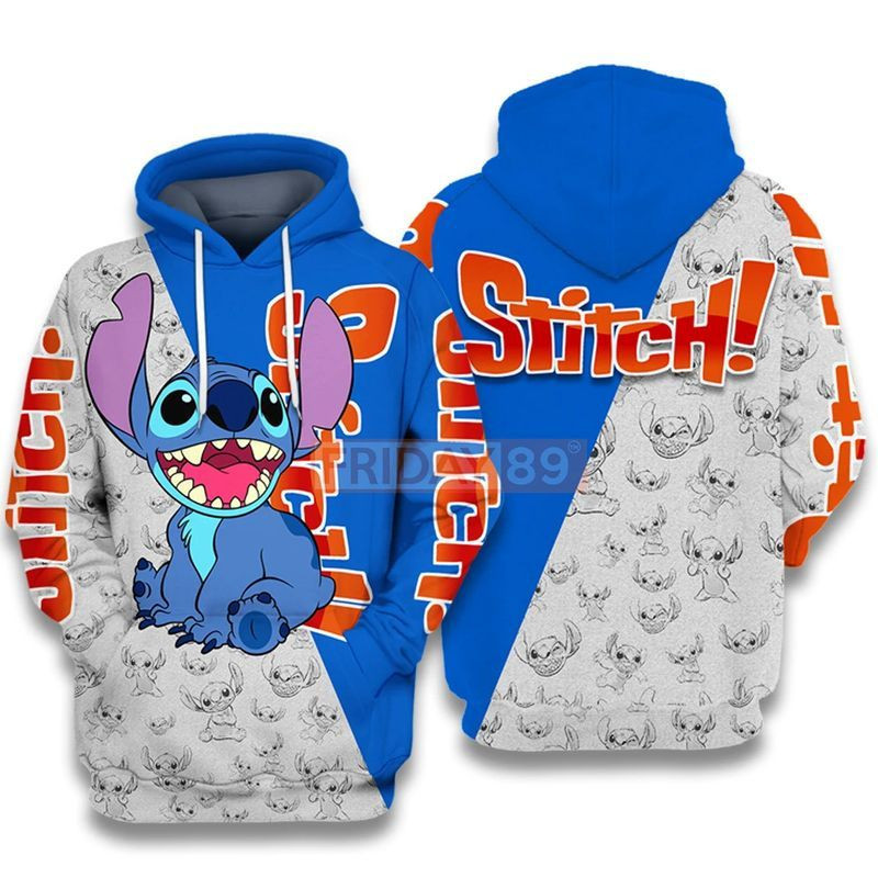 White And Blue Stitch Hoodie With Red Lettering
