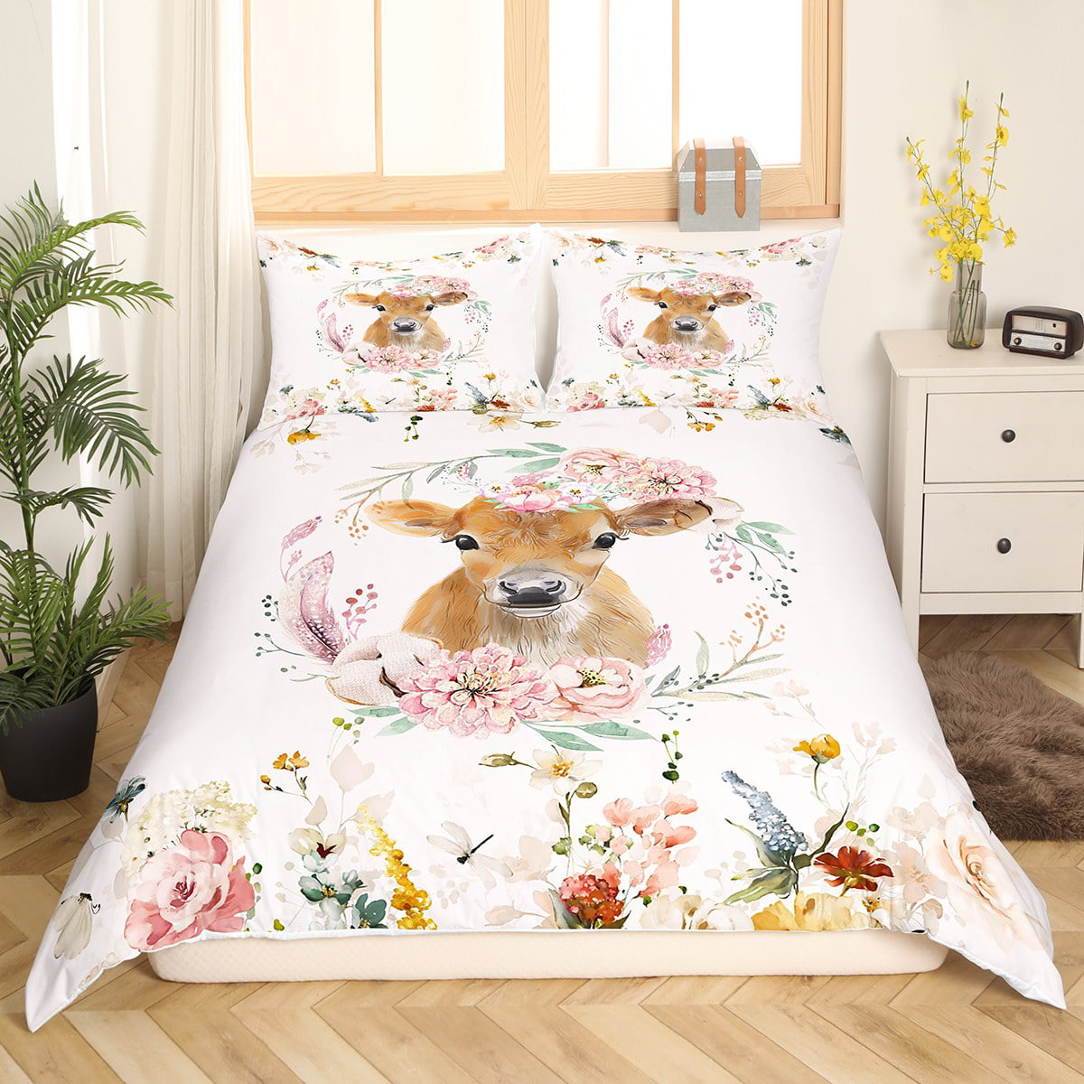 Cow Bedding Set Watercolor Flower Wild Cattle Duvet Covers