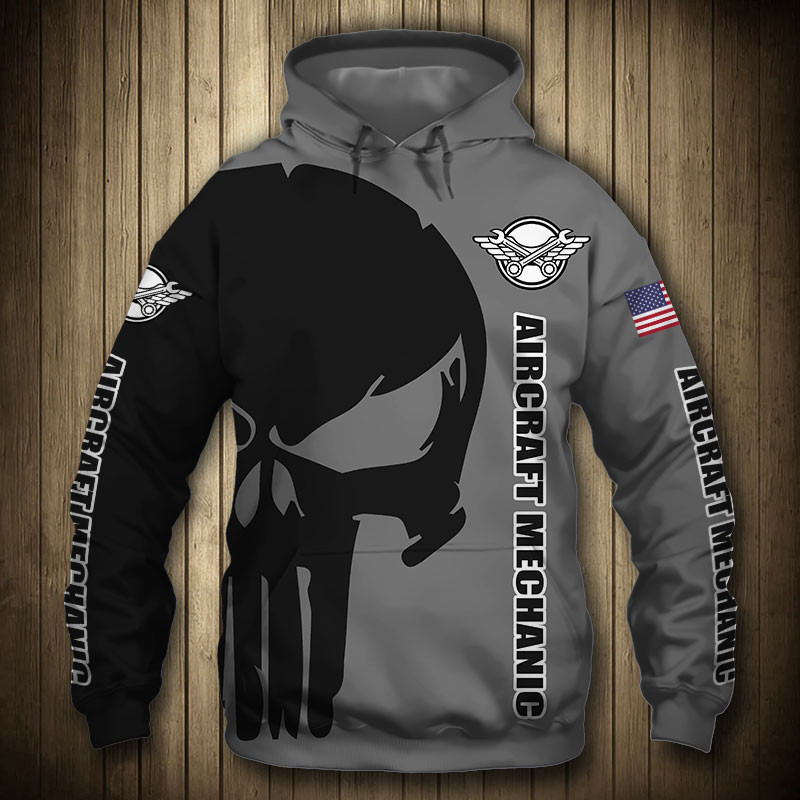 Aircraft Mechanic Punisher Skull US Flag Grey Black 3D All Over Print Hoodie & Zip Hoodie