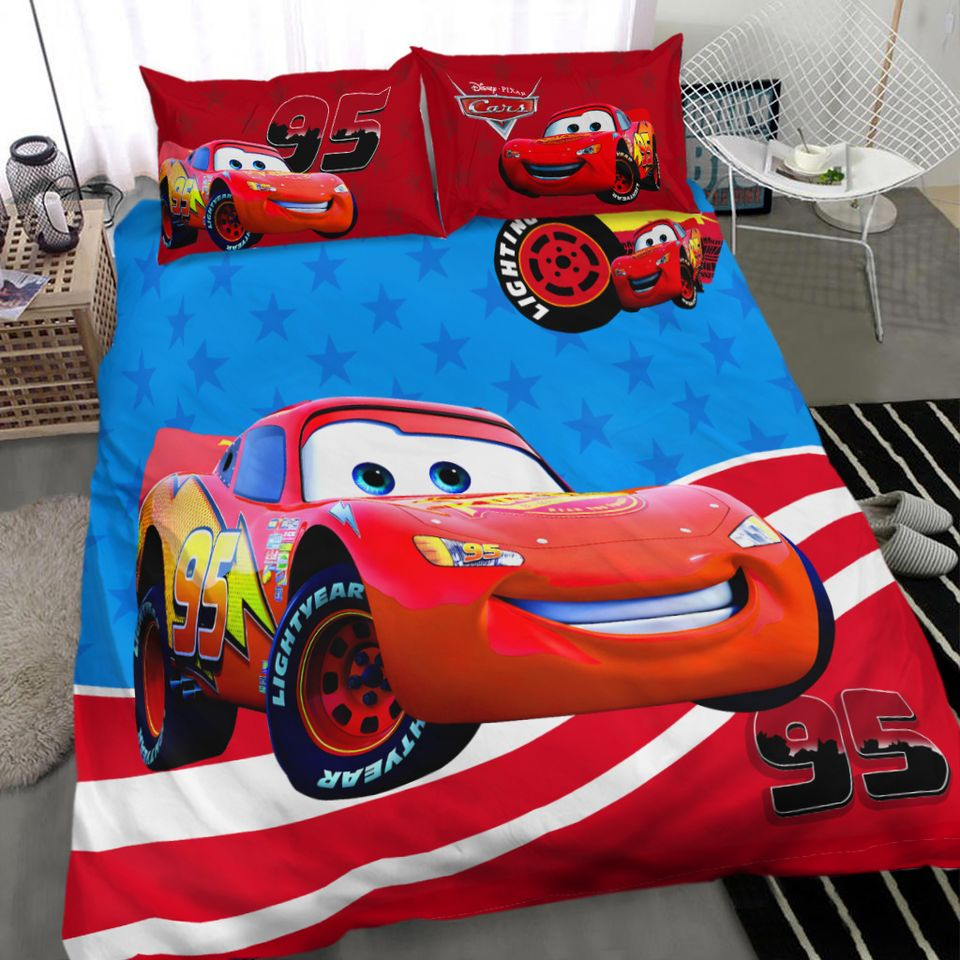 Cars Bedding Set DN Lightning McQueen American Flag Duvet Covers Blue