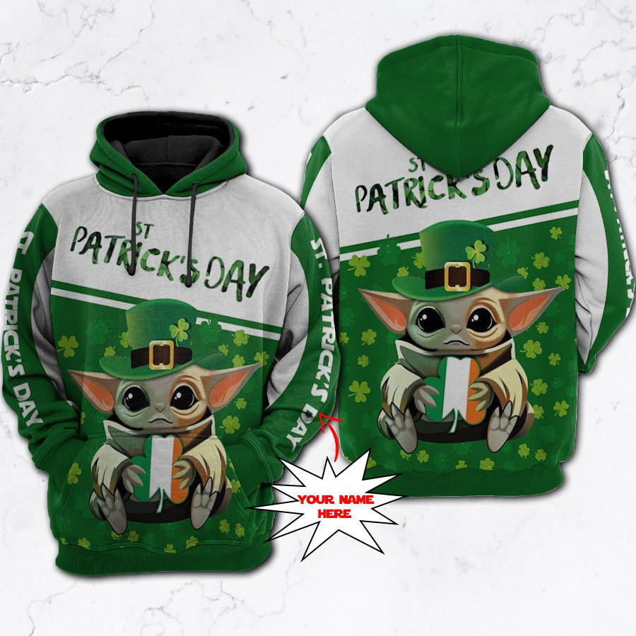 Custom Name Baby Yoda Star Wars Happy St Patrick’s Day Gift, Baby Yoda Leprechaun Aop Hoodie, Zip Hoodie, Fleece Jacket