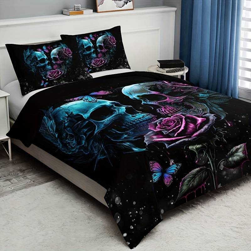 Skull Bedding Set Rose Ans Two Skulls Graphic Duvet Covers Black