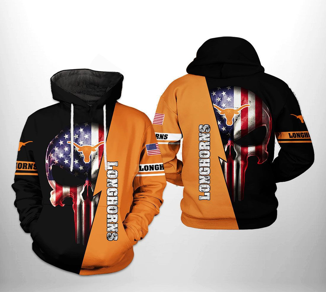 Texas Longhorns US Flag Skull 3D All Over Print Hoodie & Zip Hoodie