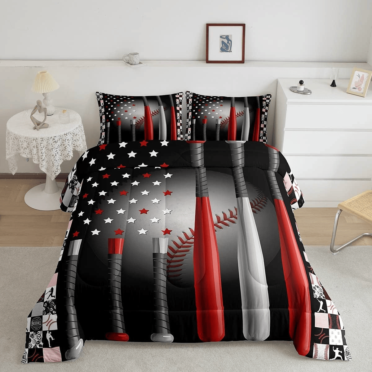 Baseball Bedding Set Baseball Bat Handle Stars Pattern Duvet Covers Black