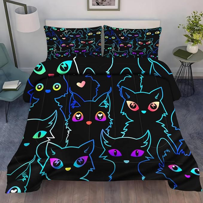 Cat Bedding Set Gradient Line Black Cat Pattern Duvet Covers