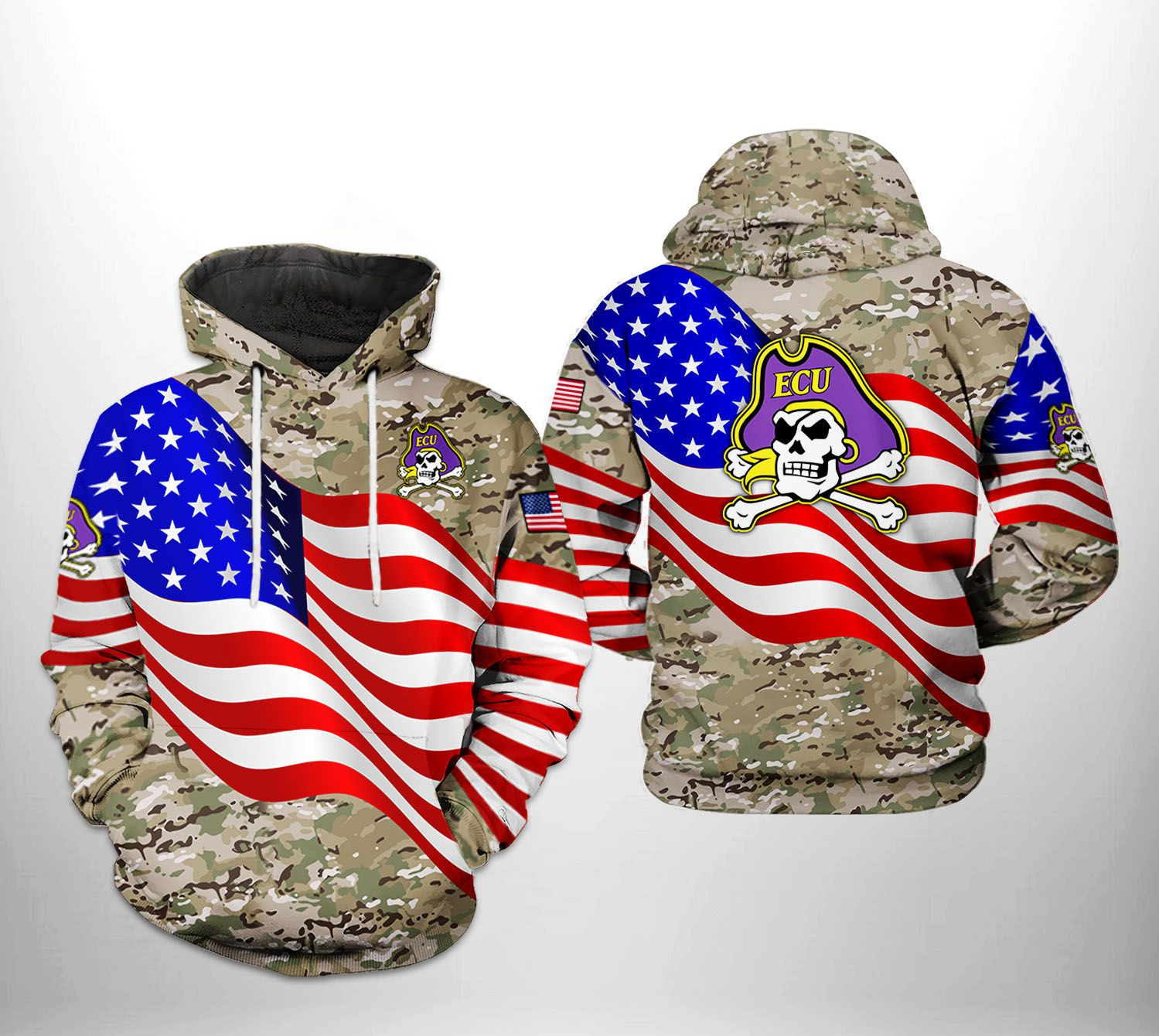 East Carolina Pirates US Flag Camo Veteran 3D All Over Print Hoodie & Zip Hoodie
