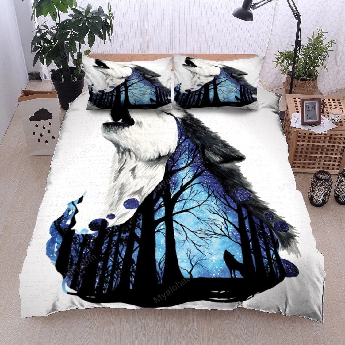 Wolf Bedding Set Howling Wolf In The Forest Duvet Covers Blue