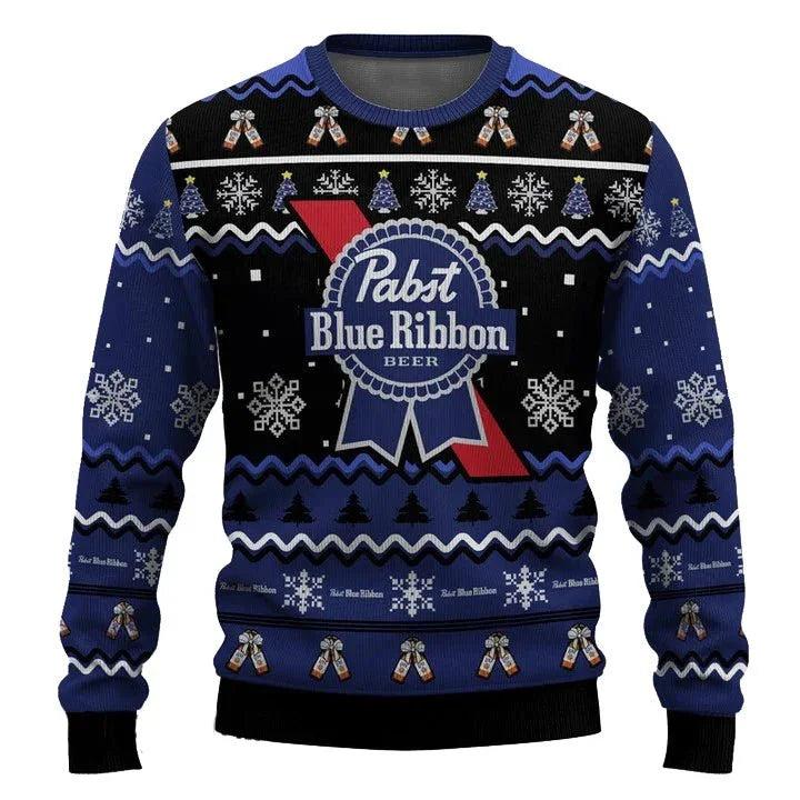 Personalized Pabst Blue Ribbon Pine Tree Snowing Ugly Christmas Sweater