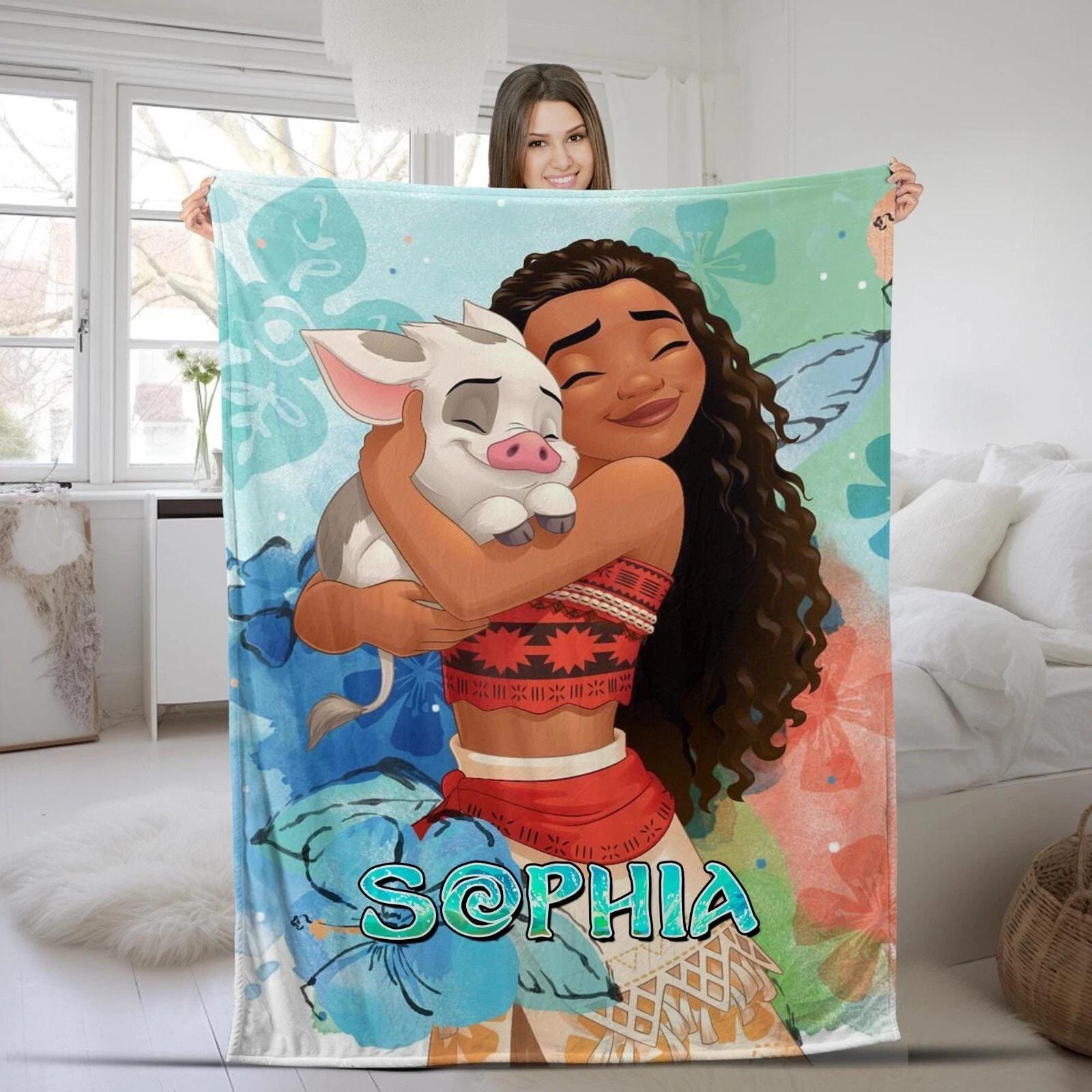 Personalized Moana Blanket Princess Blanket Baby Name Fleece Sherpa Blanket