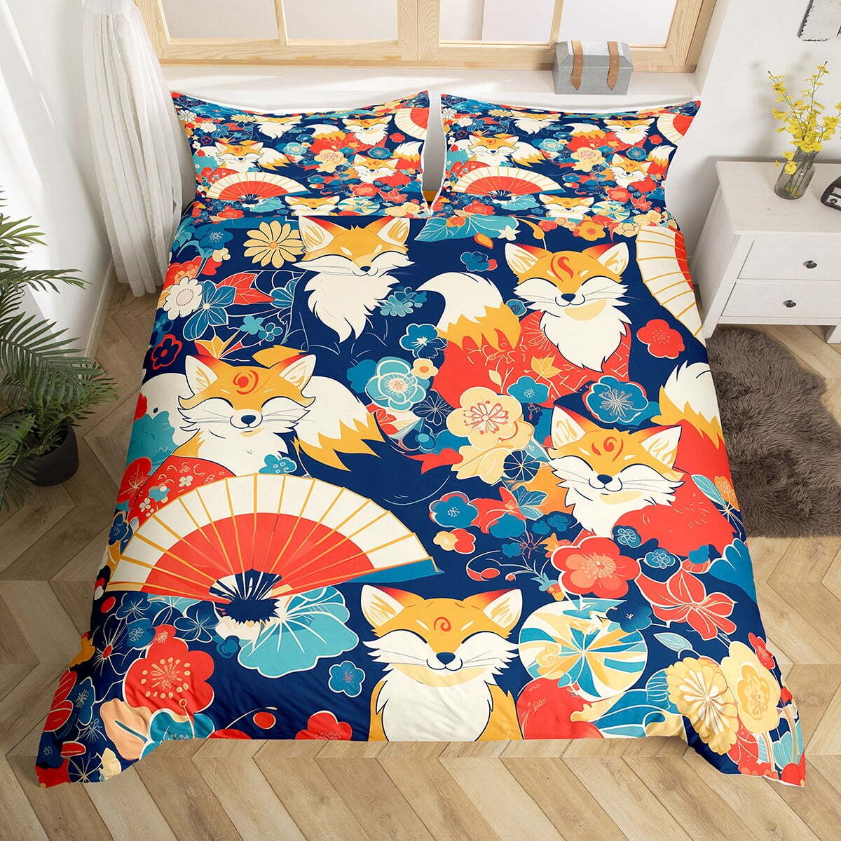 Japan Bedding Set Japanese Cherry Blossoms Fox Pattern Duvet Covers
