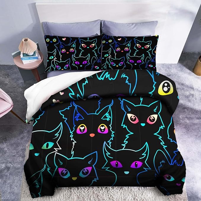 Cat Bedding Set Gradient Line Black Cat Pattern Duvet Covers