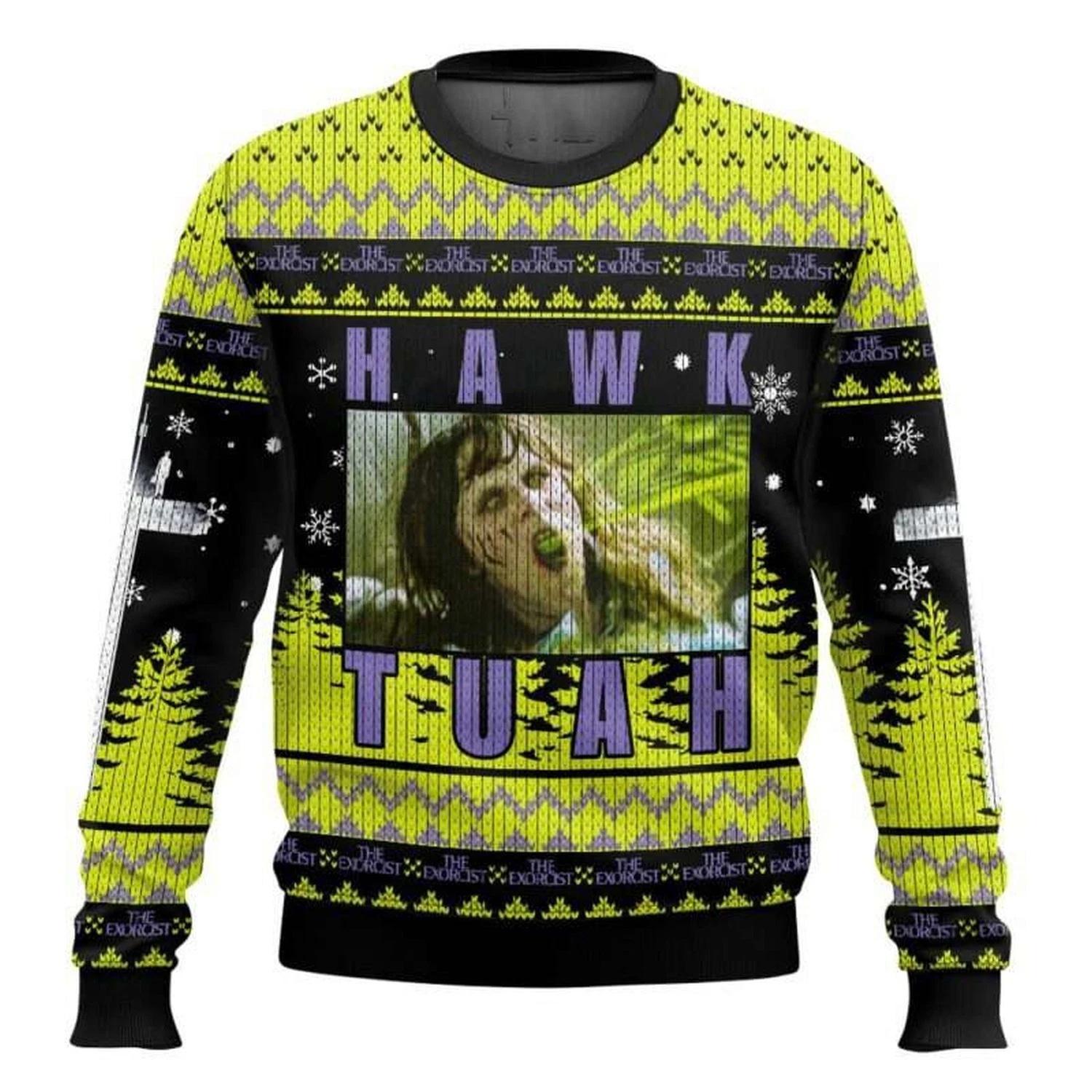 Hawk Tuah The Exorcist Horror Ugly Christmas Sweater