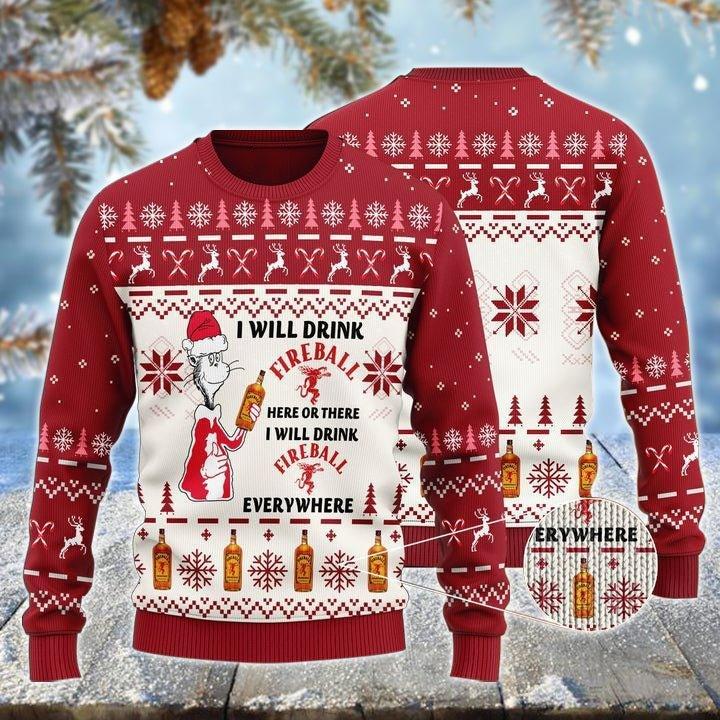 Fireball Cat Hat Will Drink Everywhere Ugly Christmas Sweater